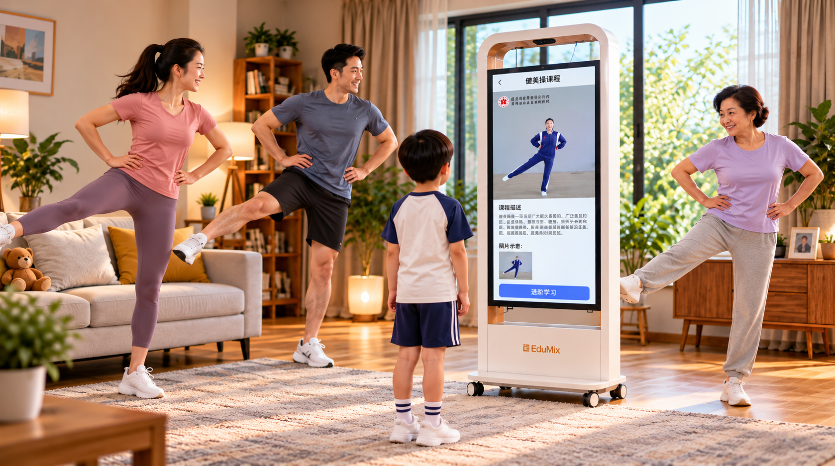 AI virtual sports coach guiding family exercise at home